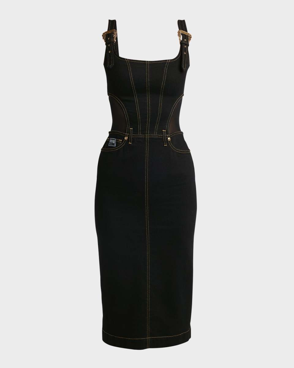 Denim Buckle-Strap Midi Bodycon Dress